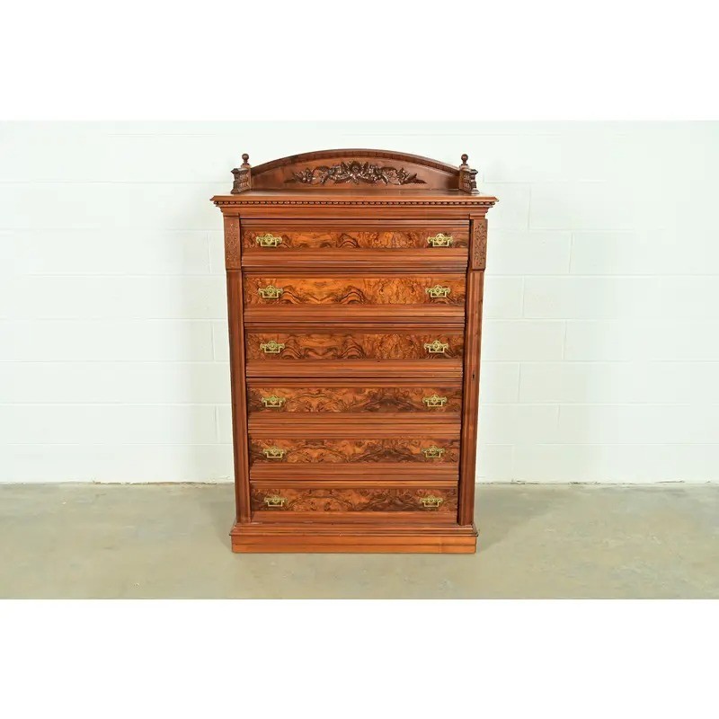Herter Brothers Style Victorian Carved Walnut Highboy Dresser, Circa 1880s