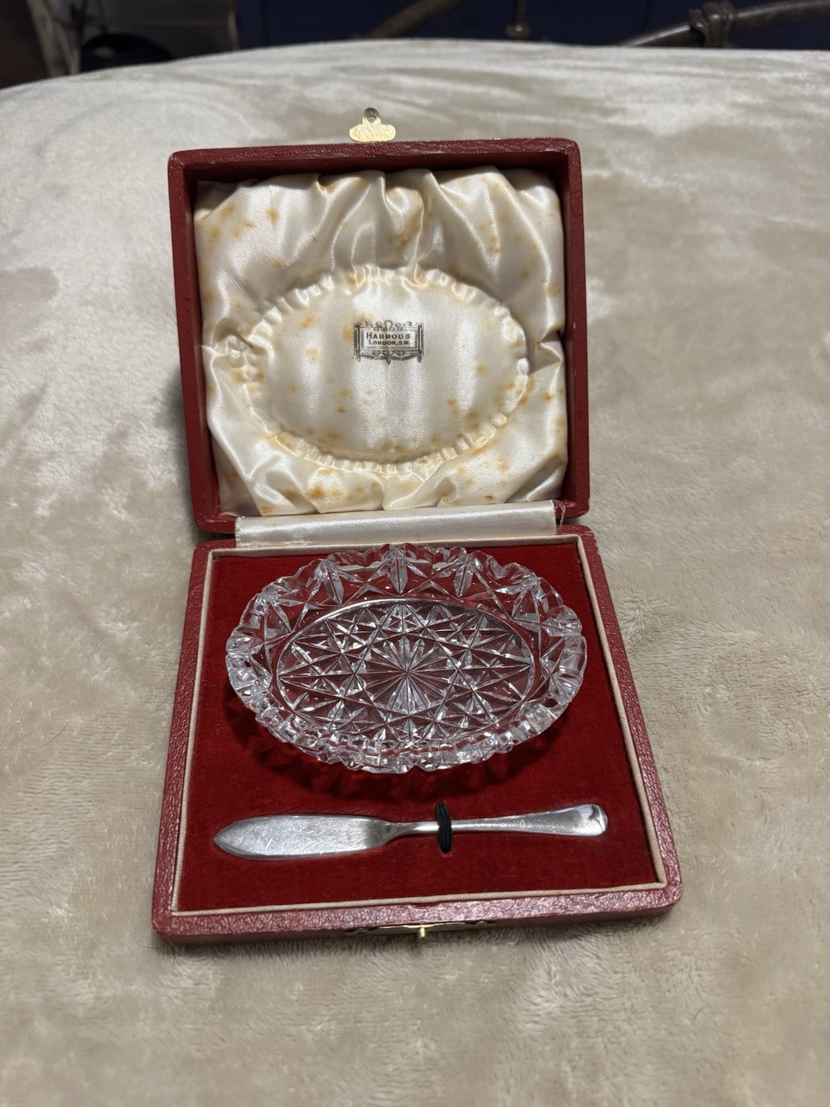 HARROD’S LONDON S.W. Cut Glass-Crystal Pate-Butter Set & Sterling Silver Knife