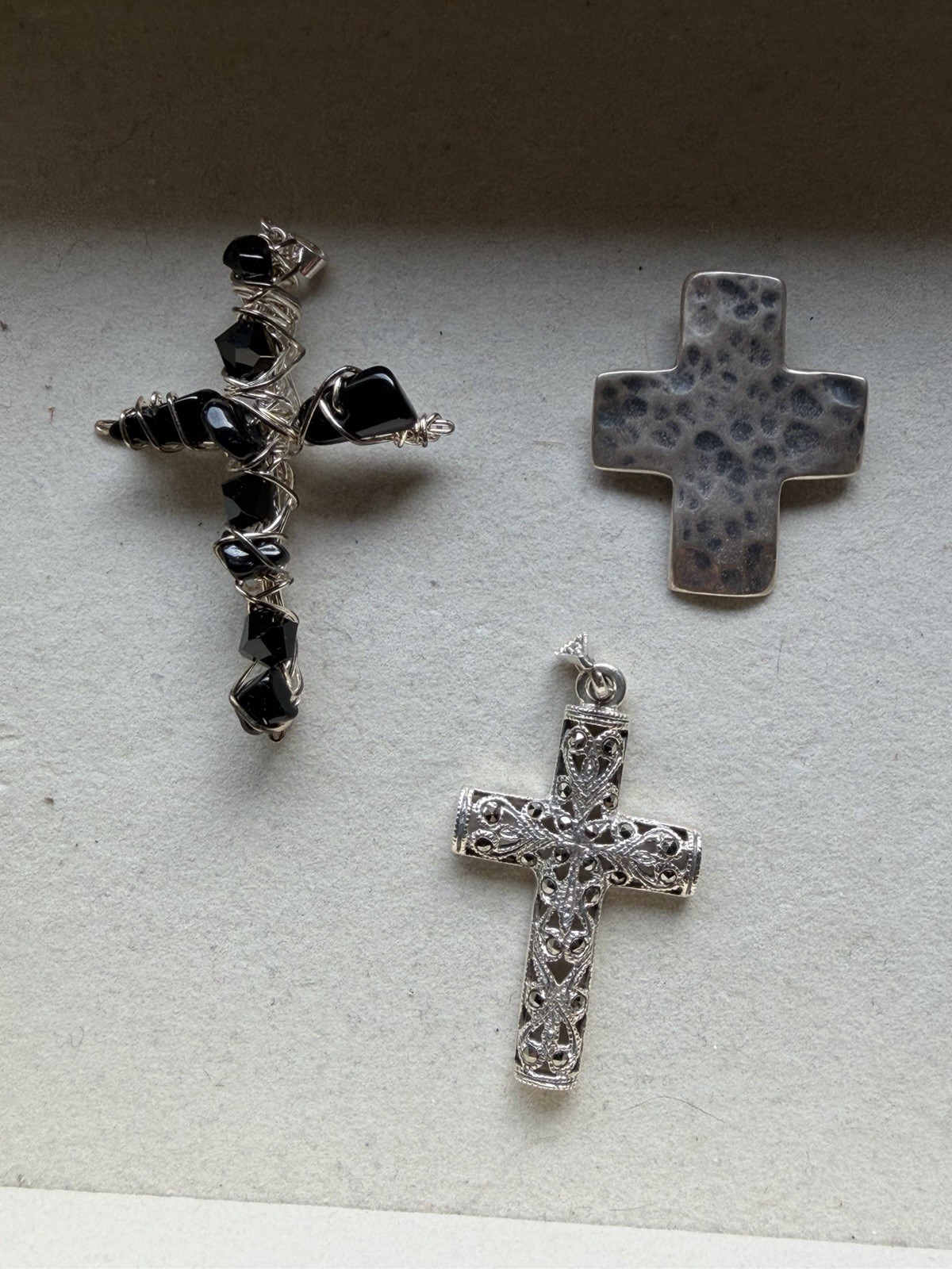 Lot Of 3 925 Silver Cross Pendants Filigree, Black Stones And Hammered Silver