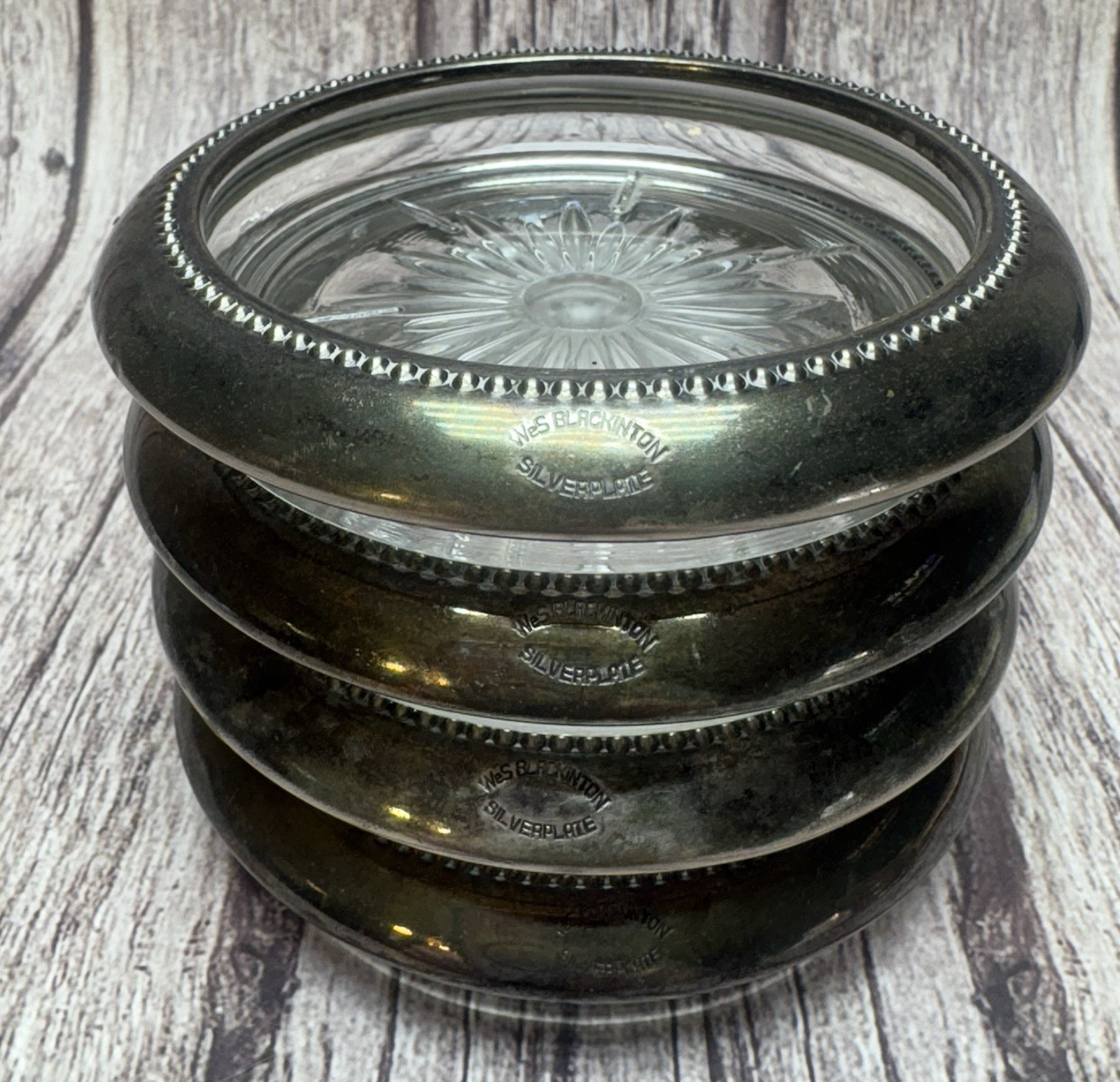 Coasters 4 Piece Set 1930s Antique W&S Blackinton Silverplate Glass Sunburst