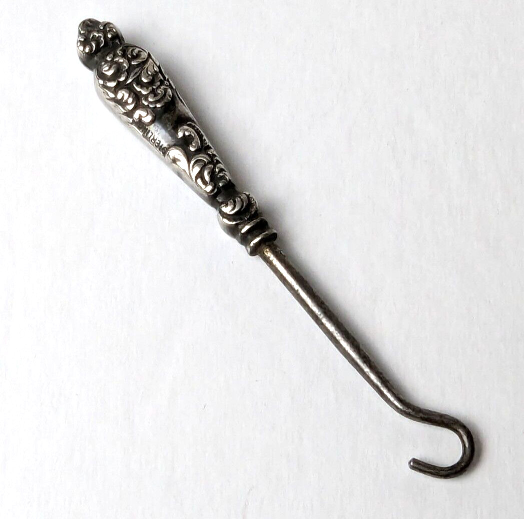 Tiny Antique Sterling Silver Victorian Repousse Glove or Shoe Button Hook 3″