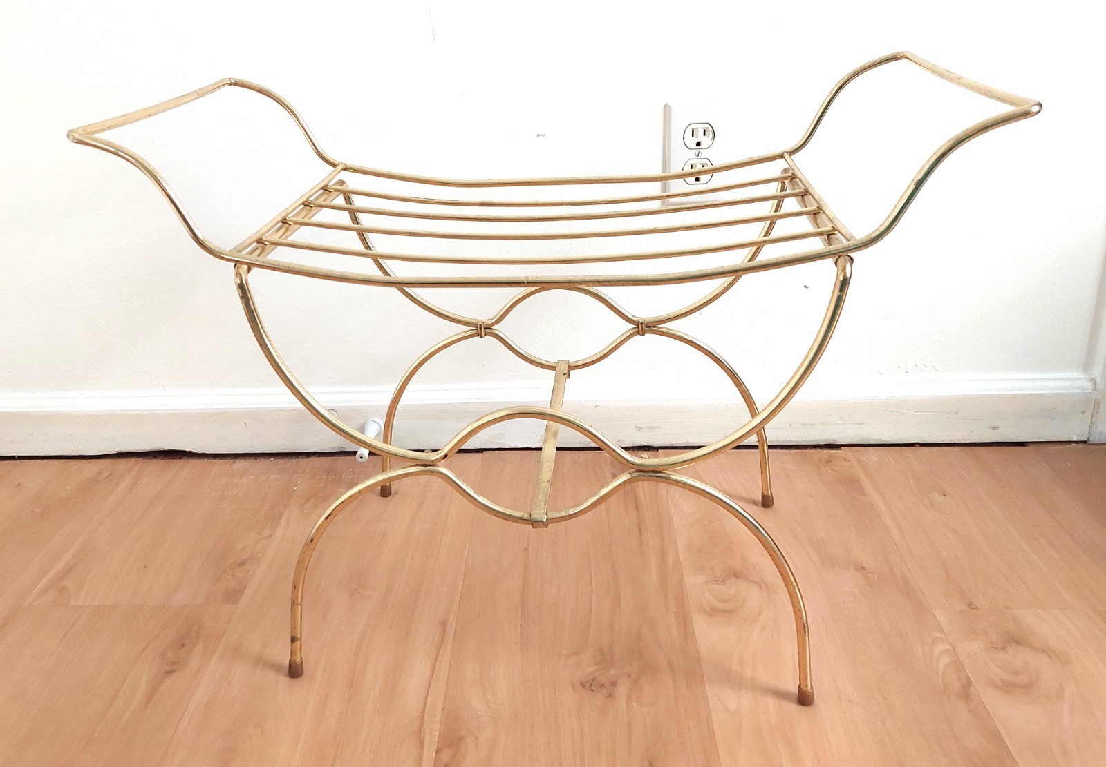 VTG Gold Brass Metal Vanity Chair Bench Stool Makeup Bath MCM Hollywood Regency