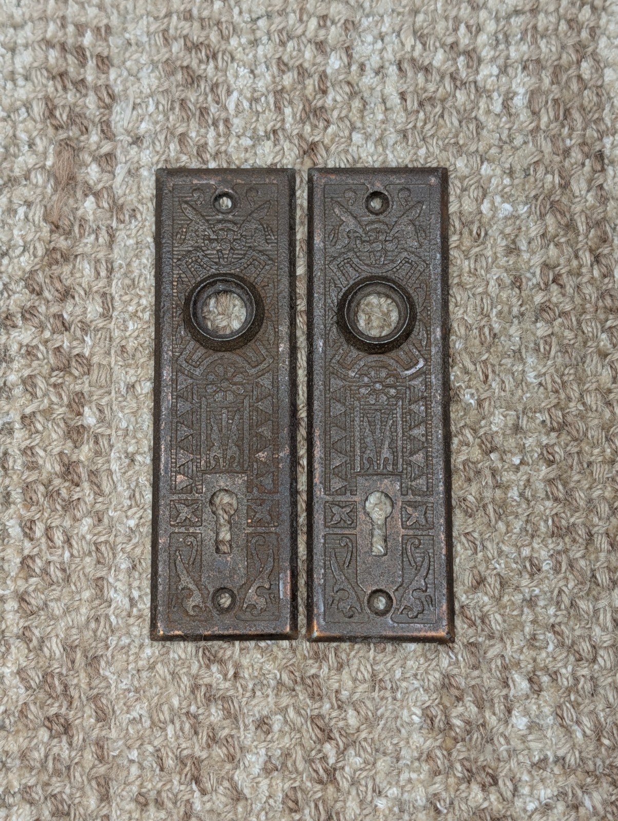 Pair 1 5/8″ x 5 1/2″ Antique Sargent Stamped Steel Door Knob Plates Circa 1890