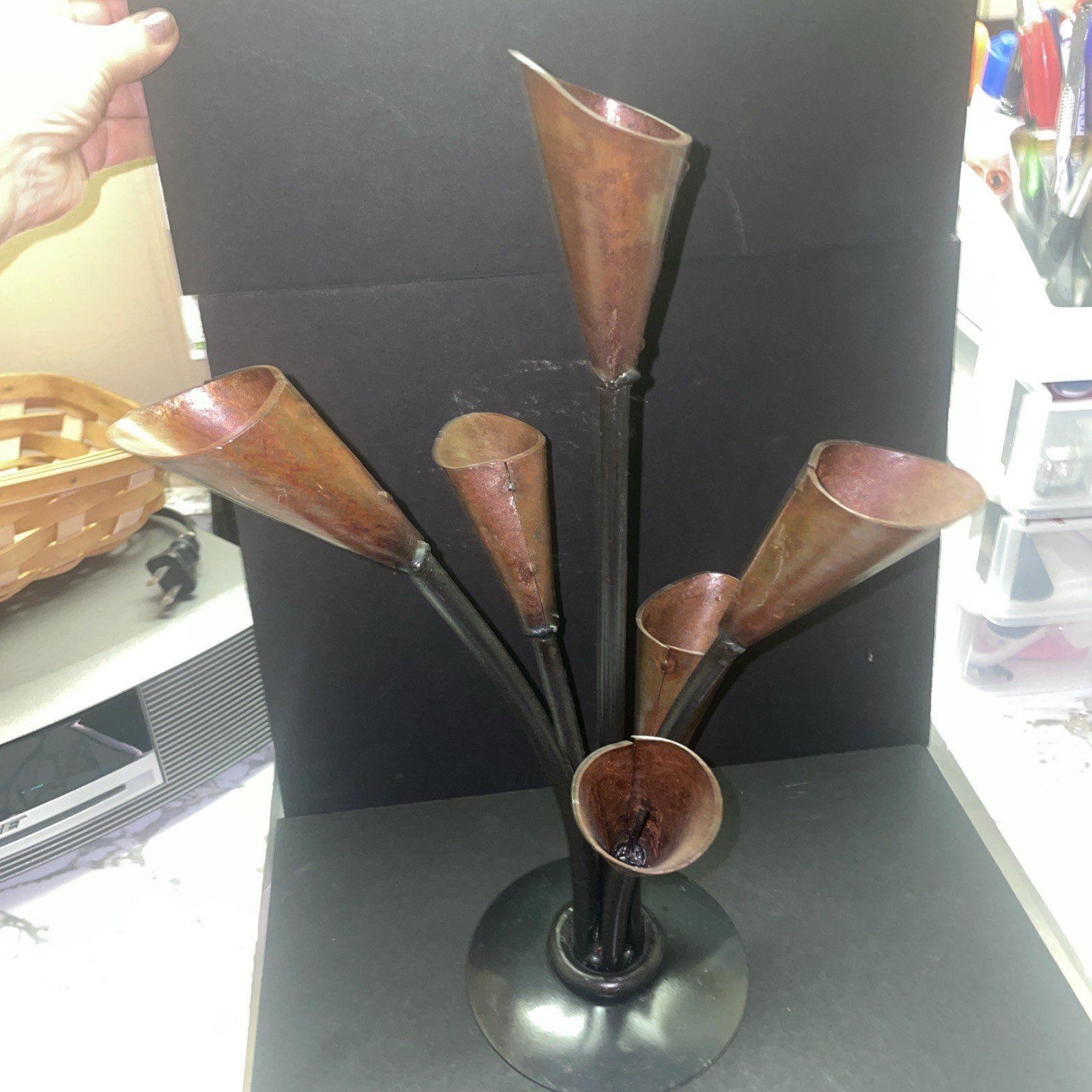 vintage MID CENTURY Hand FORGED Lillies SCULPTURE Wrought Iron CANDELABRA 15″