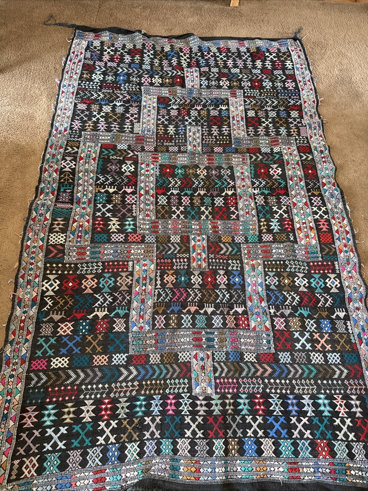 VTG MOROCCAN GLAOUI NAIF SUMAK HANDKNOTTED KILIM RUG 8’ X 5’WOOL COTTON TAPESTRY