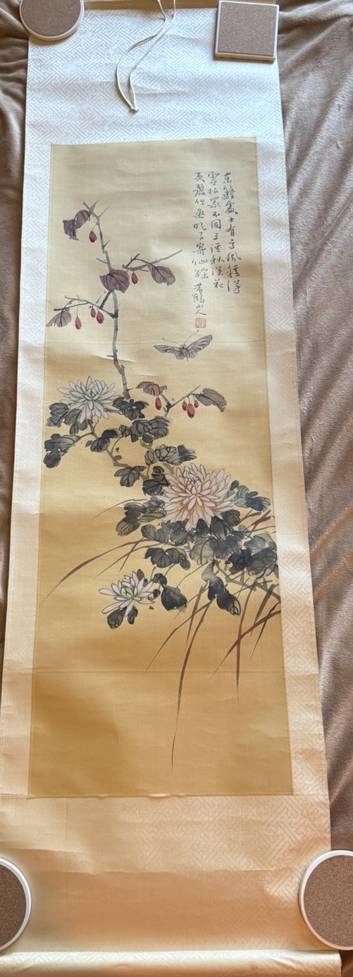 Vintage Japanese Hanging Scroll, Chrysanthemums Moth Signed 53×15” 1950’s