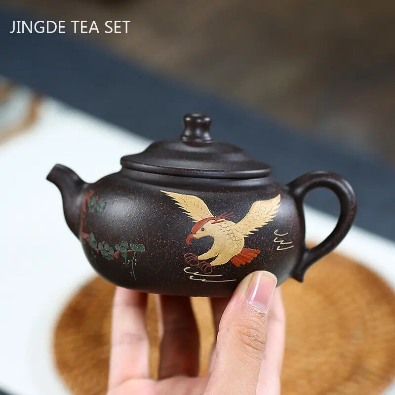 Tradition Yixing Purple Clay Tea Pot Hand Painted Beauty Kettle Black Gold Sand