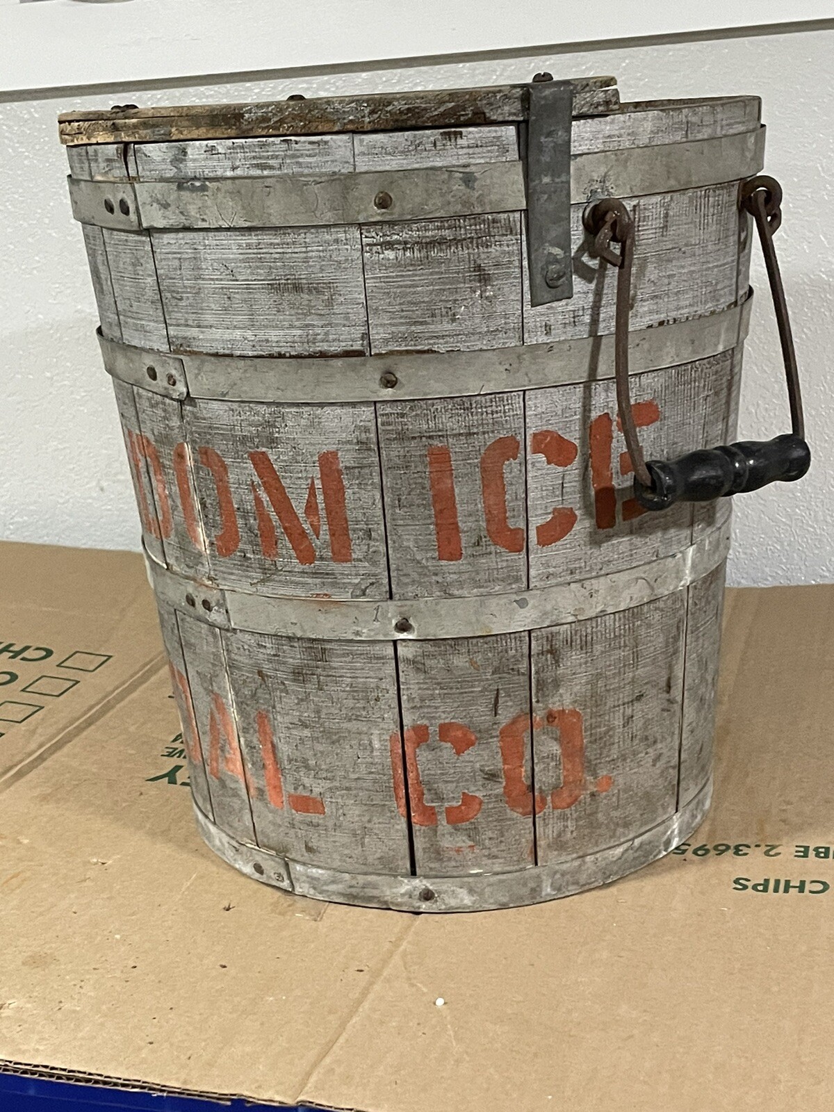 Antique Primitive wood Bucket “random Ice & Coal” Milwaukee Wi Paint Complete!