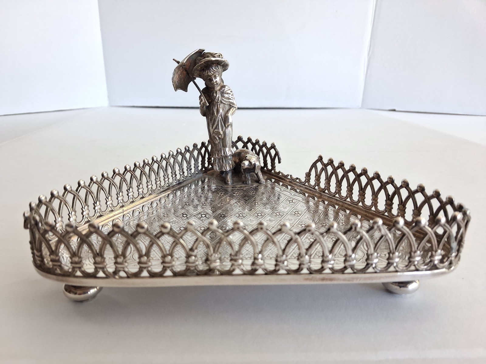 James Tufts Silverplate Kate Greenaway Figural Card Receiver Girl Dog (damage)