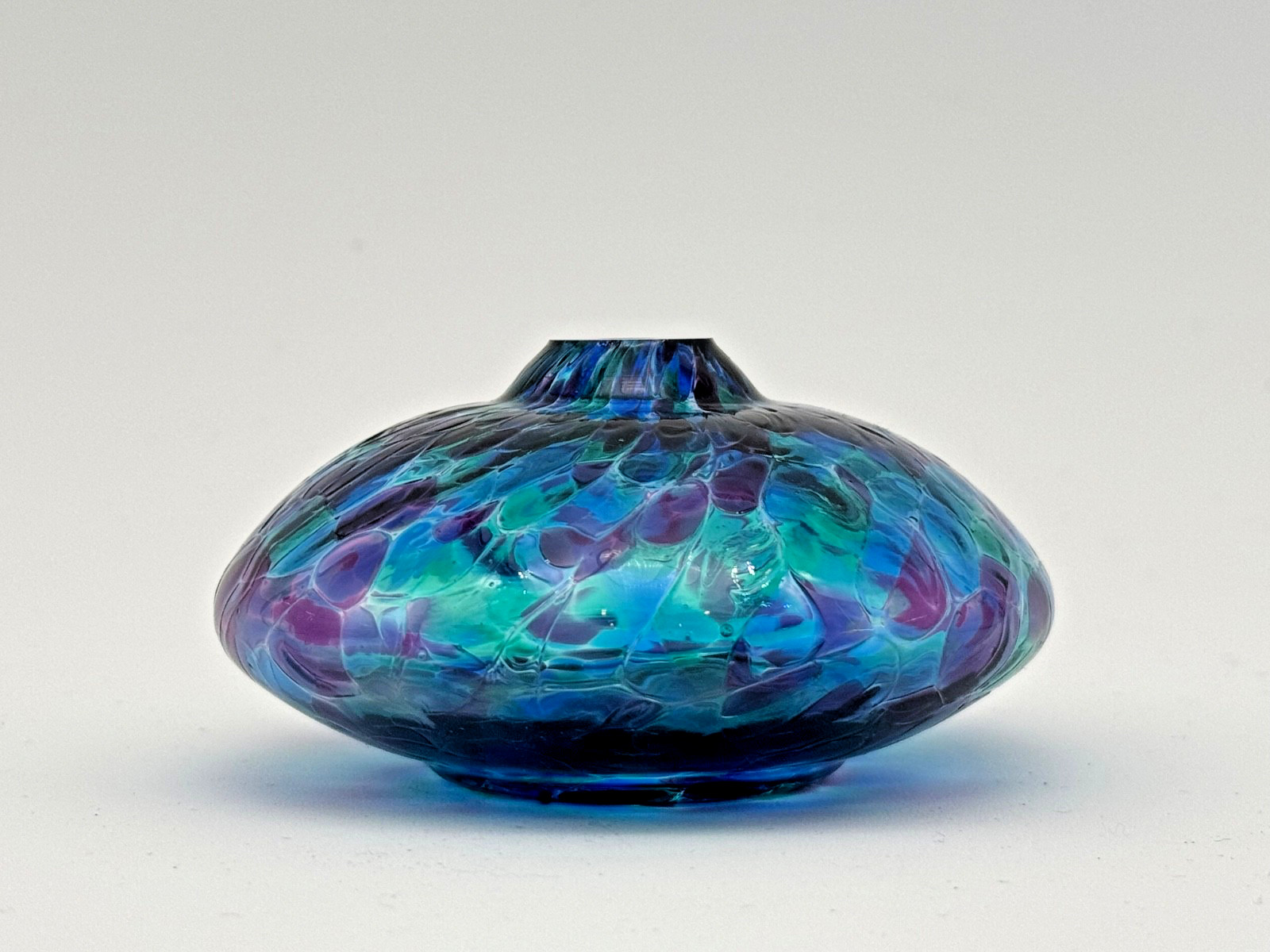 Hand Blown Art Glass Oil Lamp Blue Purple Dappled Disc Form ~3.5” Studio Glass
