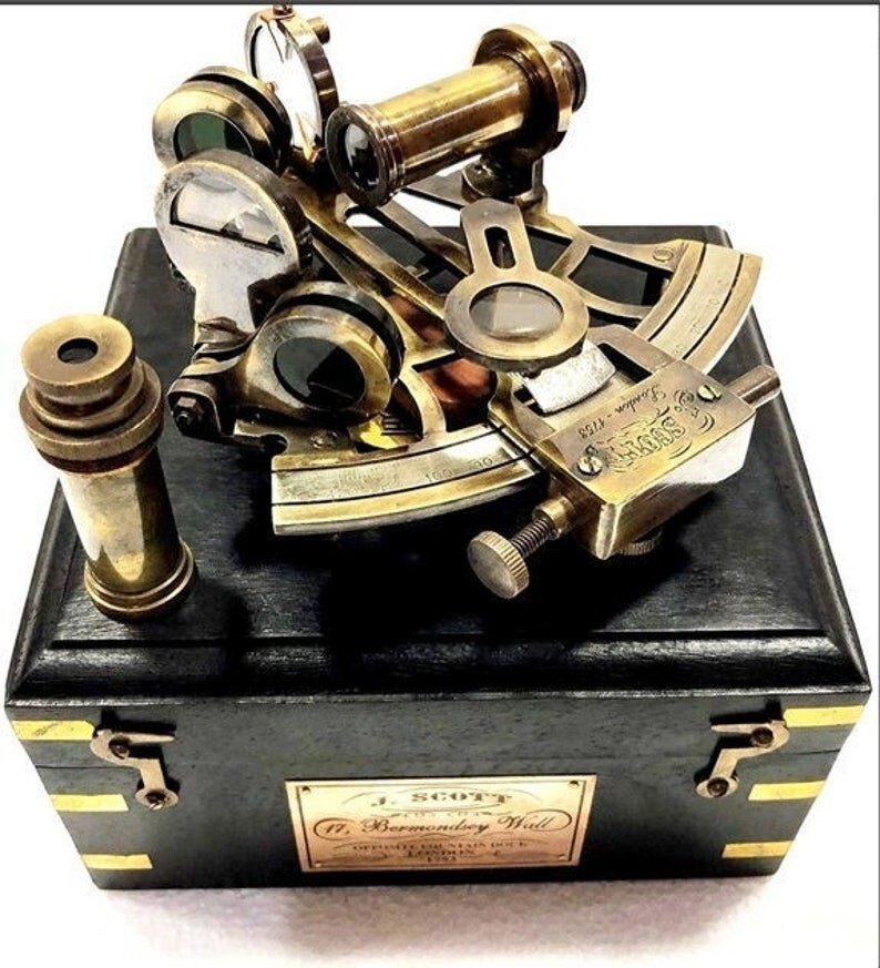 Antique Instruments & Wooden Box Brass Ship Sextant with Hardwood Engraved Gift