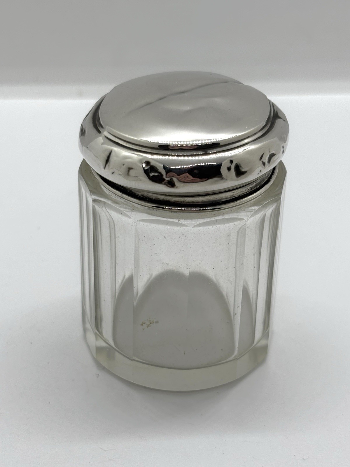 Small Antique 1920s Solid Sterling Silver Topped Glass Dressing Table Bottle Jar