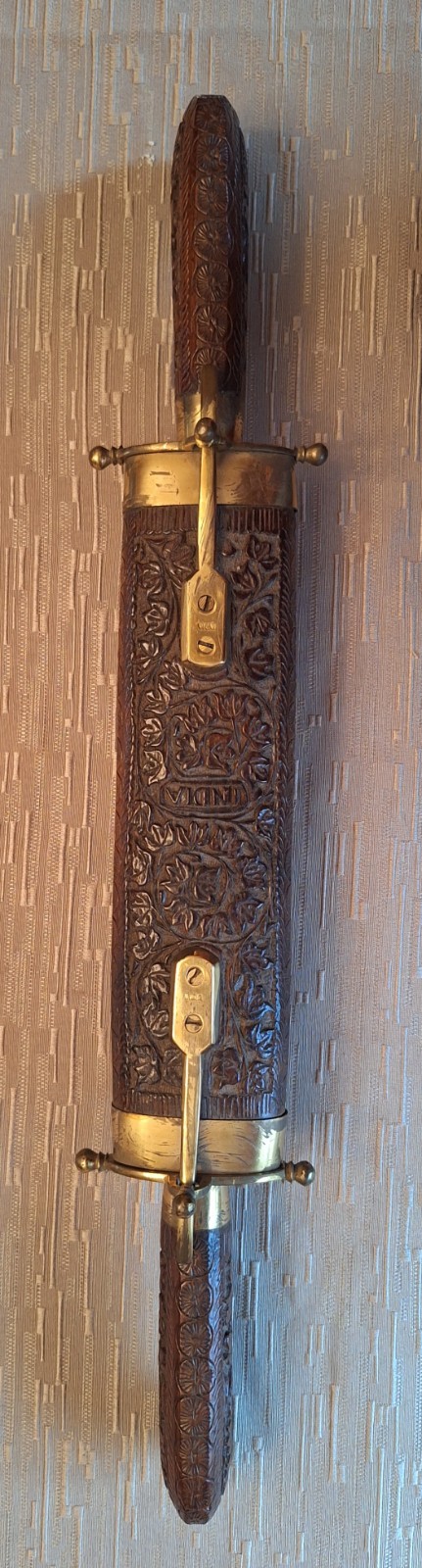 EMBOSSED INDIA SOUVENIR double ended dagger hand carved INDIA with floral motif