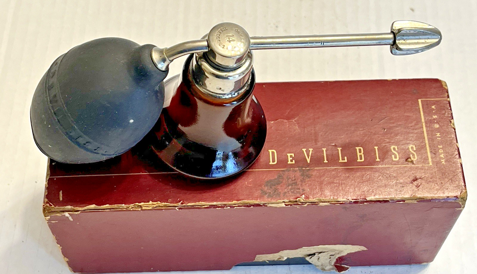 DeVilbiss Atomizer Amber Bottle Soft Working Bulb 1930s Original Box NO.14