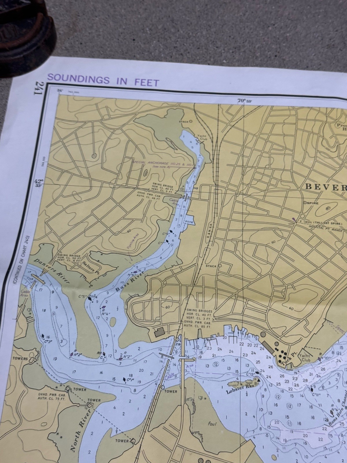 1972 SALEM, MARBLEHEAD, BEVERLY Nautical Chart HARBORS 33.5″ x 33.5″