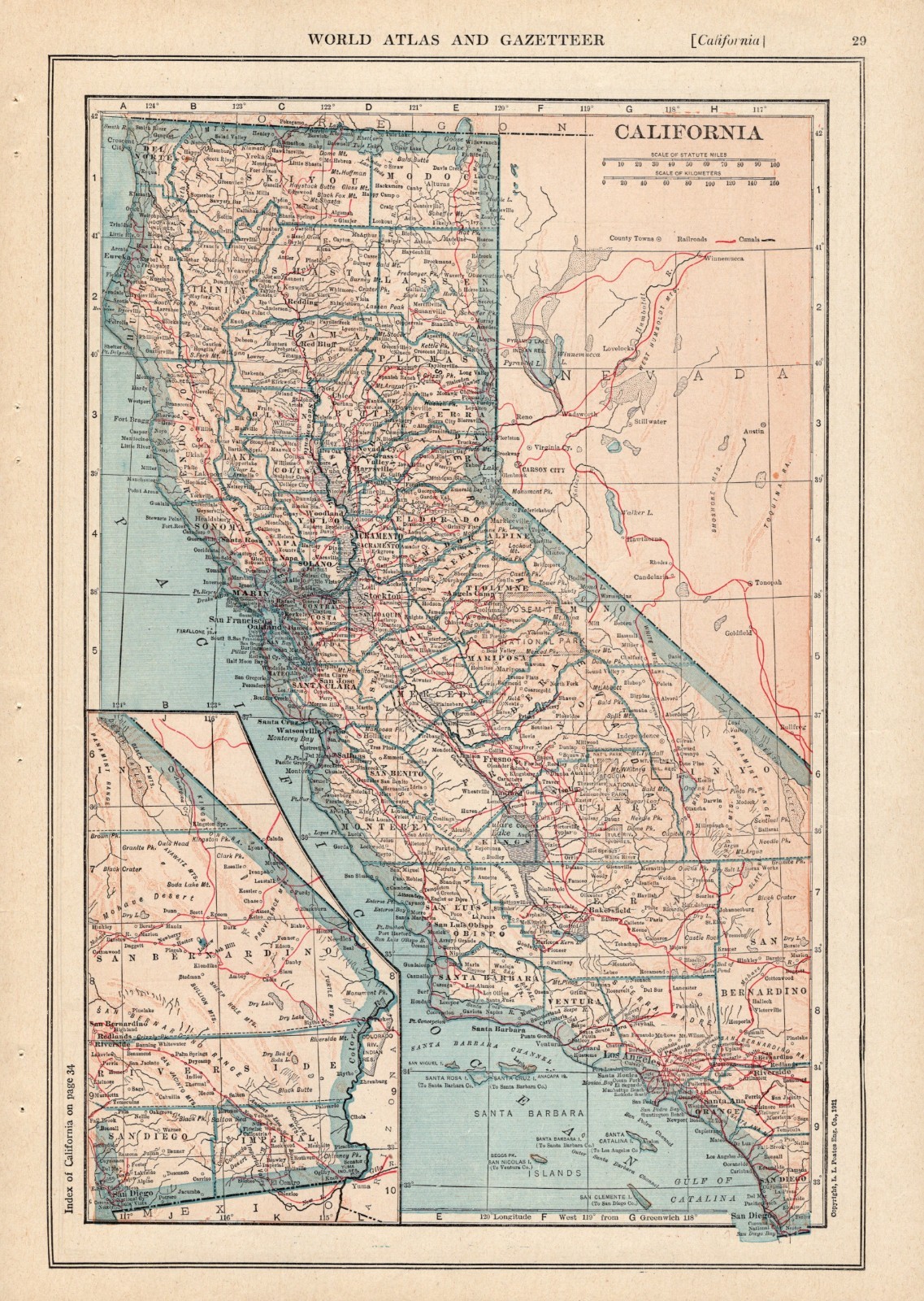 1921 Antique CALIFORNIA MAP Vintage State Map of California Wall Decor 3082