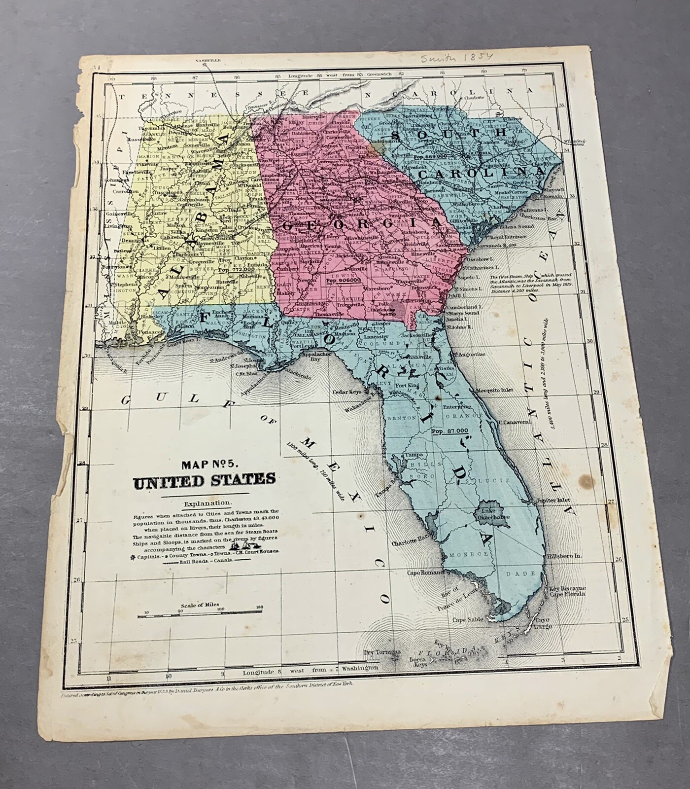 Map of South Eastern United States ~ 1853 Daniel Burgess Scarce Map