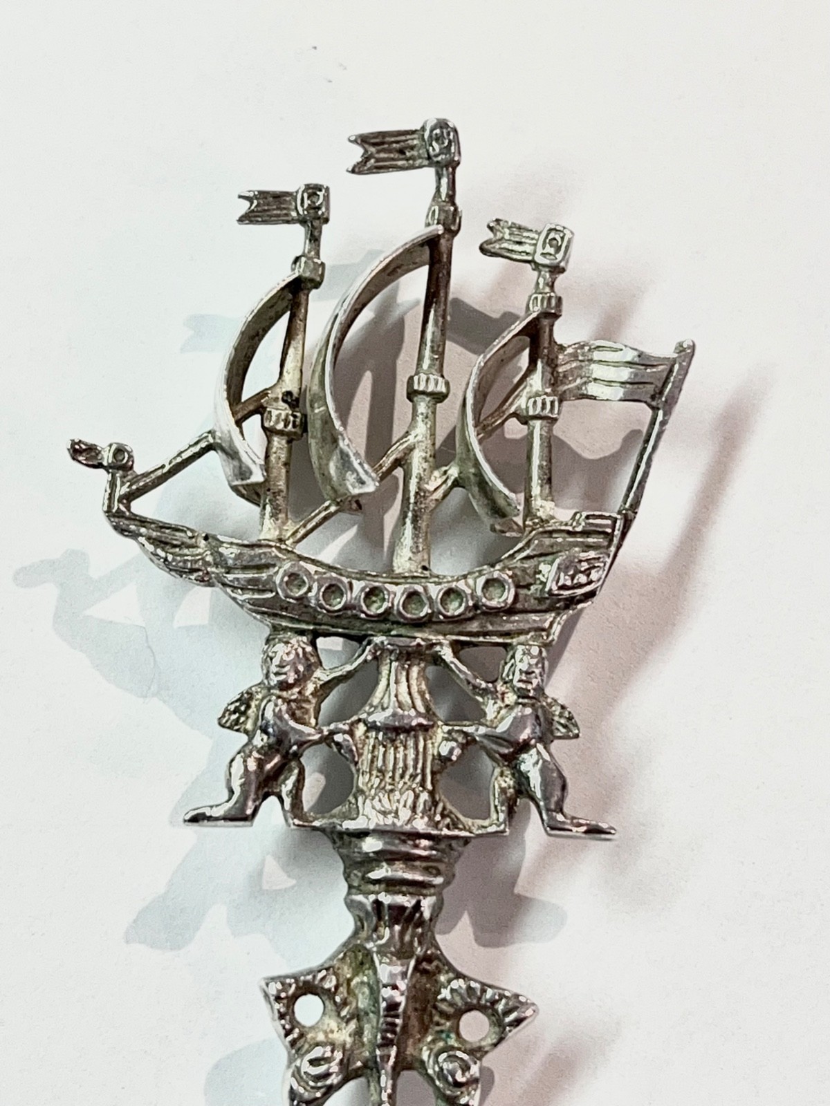 Pair Dutch silver figural handle Flying Dutchman Fluyt cargo ship pastry forks
