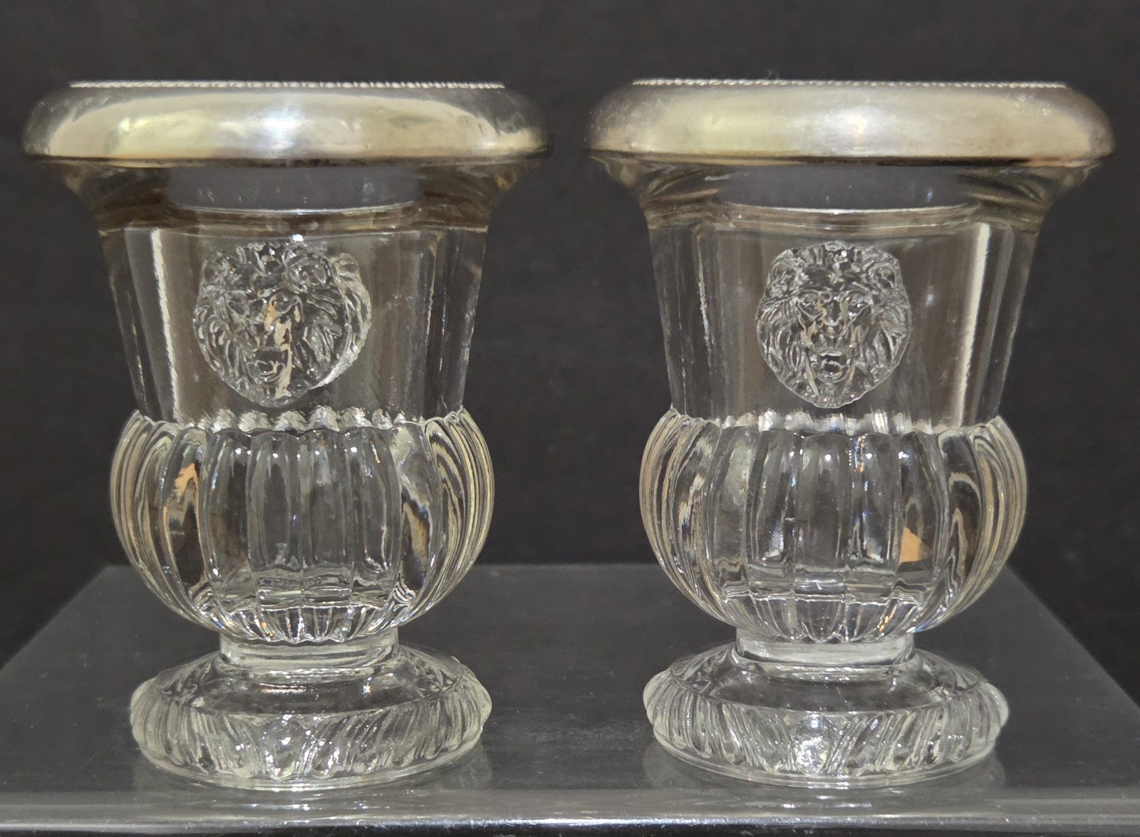 2 F.B. Rogers Sterling Silver Lions Head Pressed Glass Vase Toothpick Holder VTG