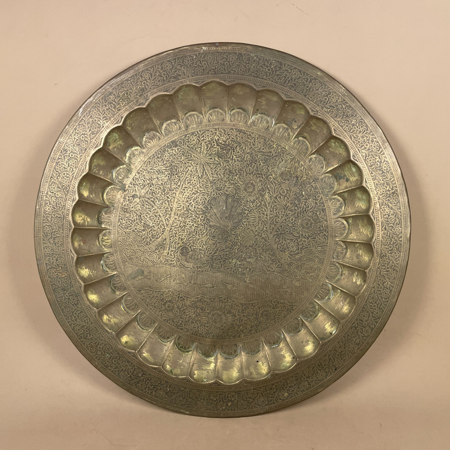 Indian Metal Gold Patterned Brass Tray Ornate Round 58cm Decorative Antique