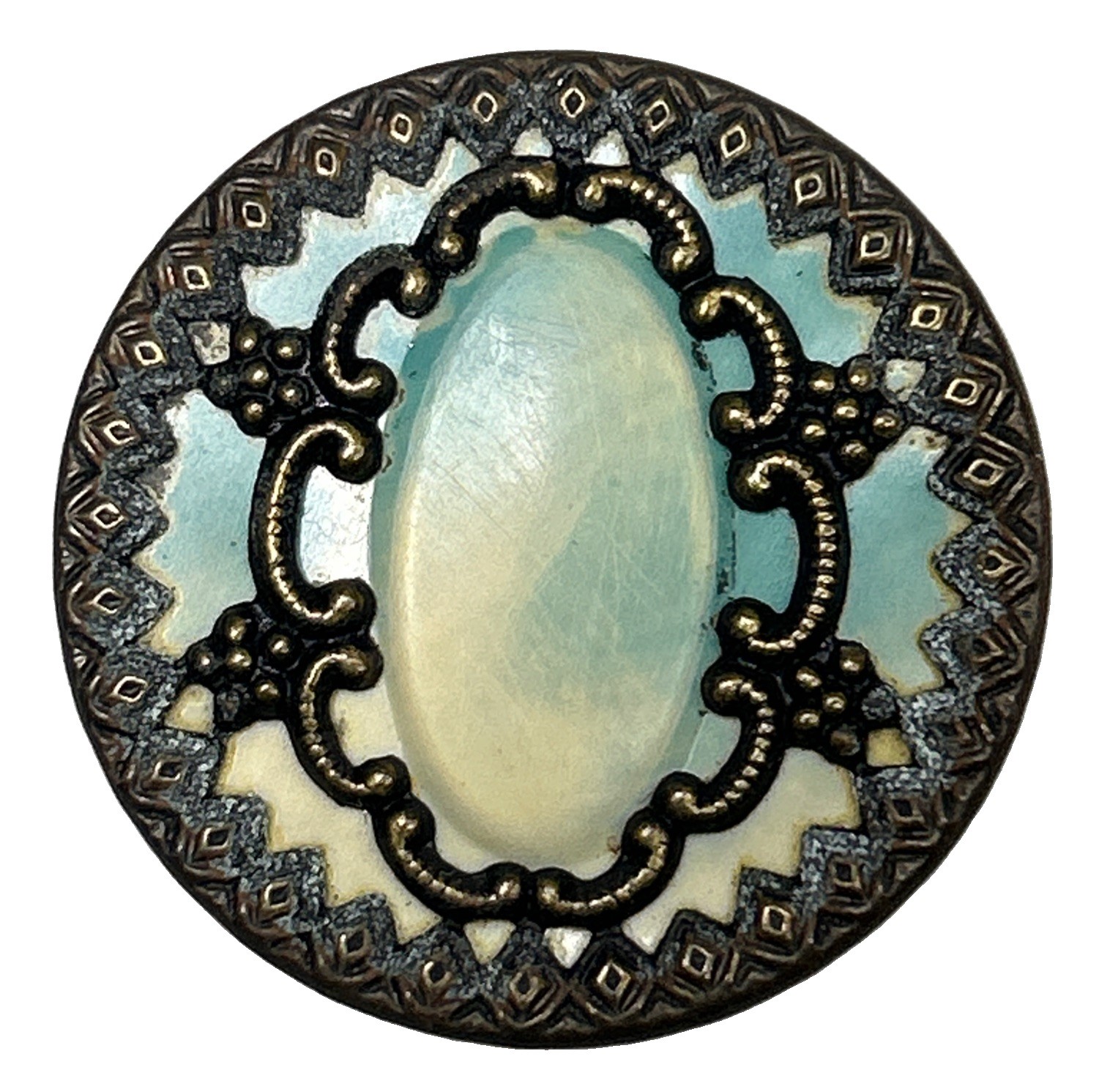 Antique Metal Celluloid Early Plastic Button Intricate Border Design