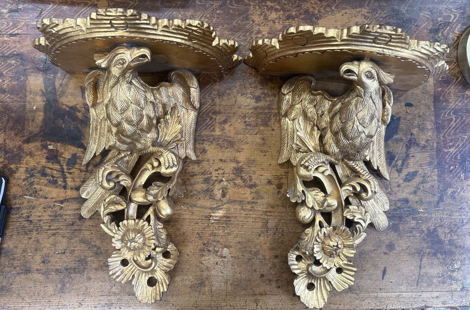 A Large Pair Of Wonderful Opposing Gilt Eagle And Foliate Wall Brackets