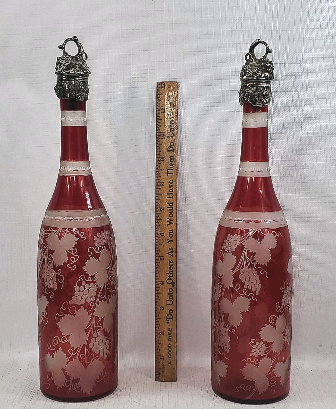 ruby glass etched decanter silver grape stopper Bohemian Glass wine antique