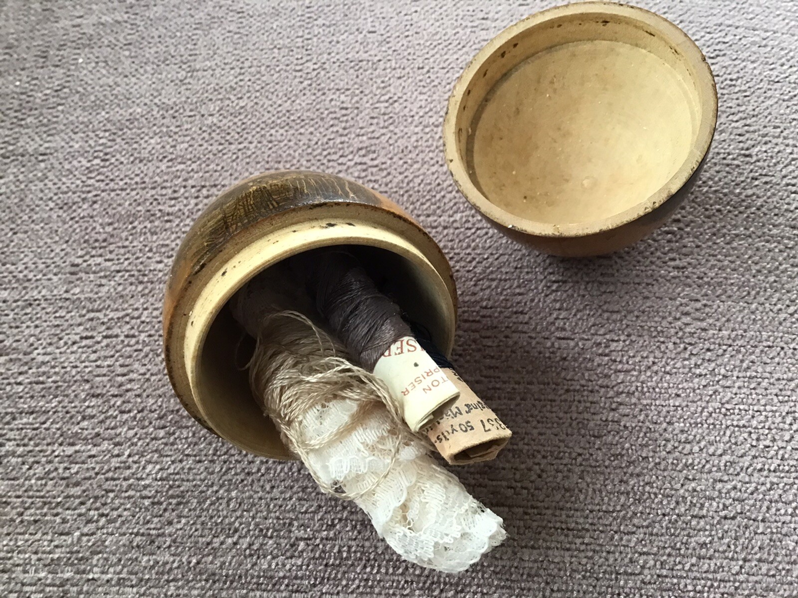 Mauchline Transfer Ware Egg Shaped Cottons Holder.BOURNEMOUTH.3”.