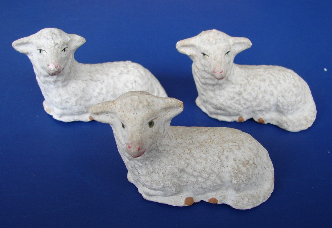 Antique 3 GERMANY LYING DOWN Sheep NATIVITY STABLE Toy CHALKWARE Stamped