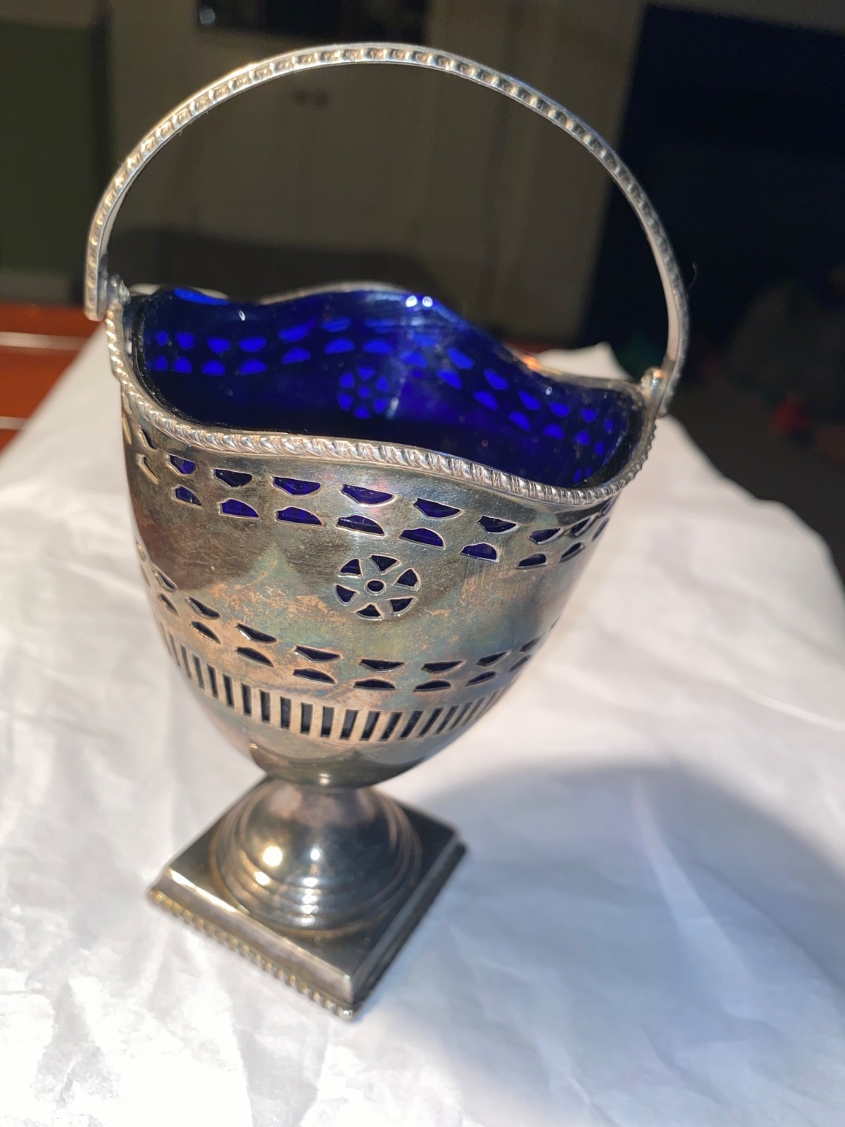 INDIGO BLUE GLASS LINED SILVER SUGAR BASKET CIRCA 1900