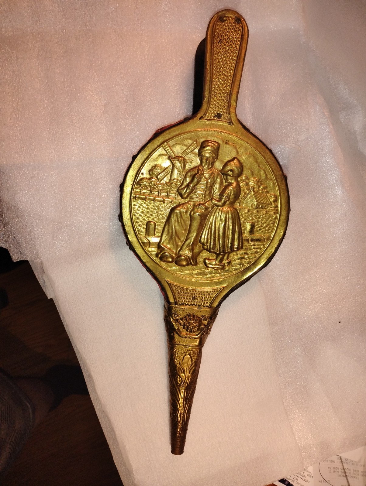 Brass Bellows – Red Leather – Embossed Dutch Colonial Scene 1940’s to 1960’s