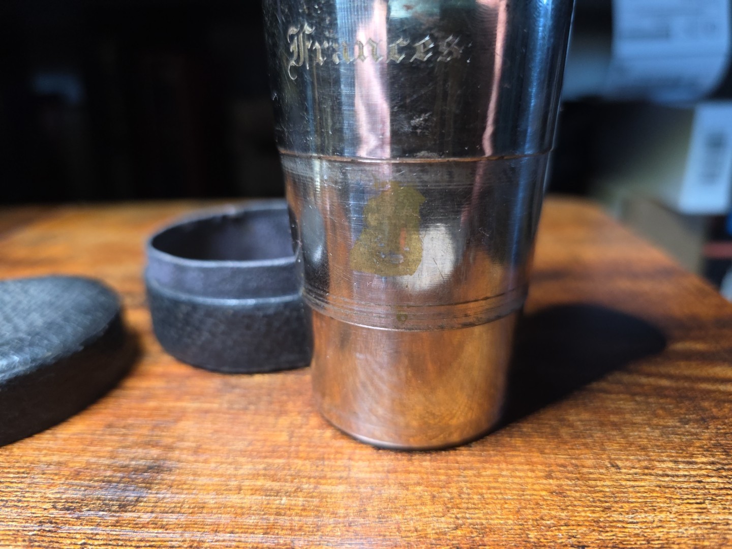 ANTIQUE PORTABLE COLLAPSING POCKET CUP WITH ORIGINAL COVERED BOX. Marked Frances