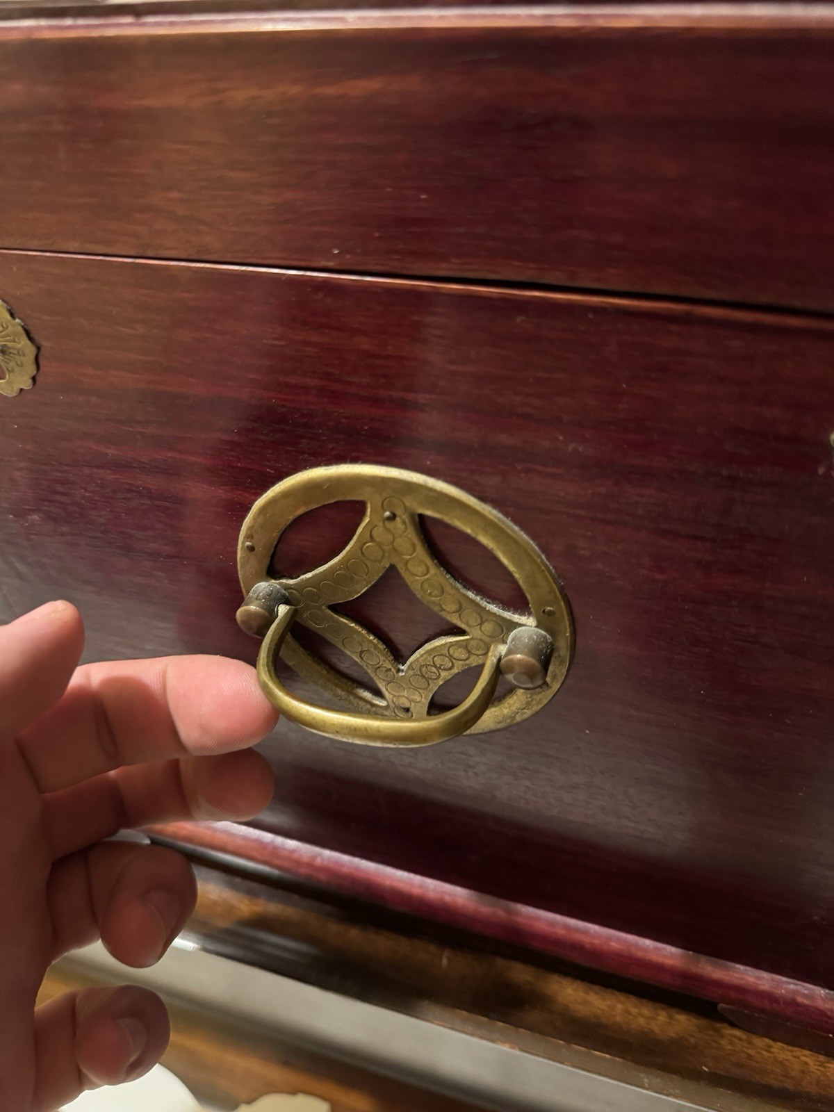 Vintage Chinese Style Wooden Jewelry Box Chest Brass Hardware Ring Storage