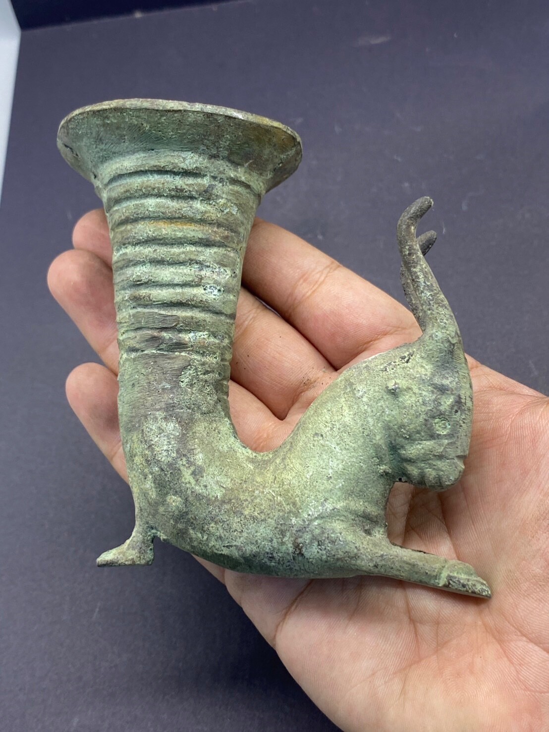 AUTHENTIC ANCIENT NEAR EAST BRONZE RHYTON VESSEL WITH RAM HEAD CIRCA 500 BC