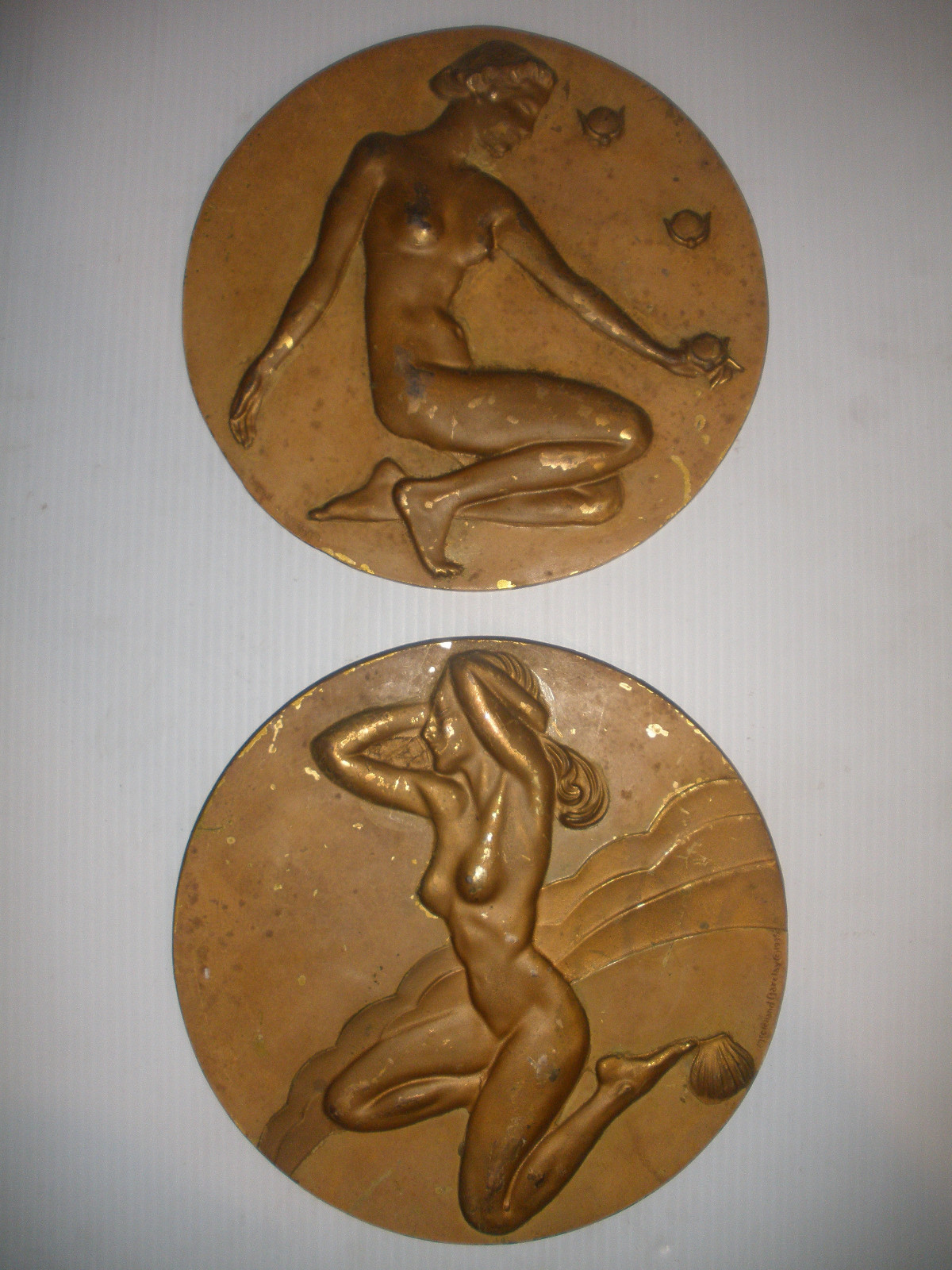 2 antique 1936 McClelland Barclay Art Deco nude woman plaques medallion bronze?