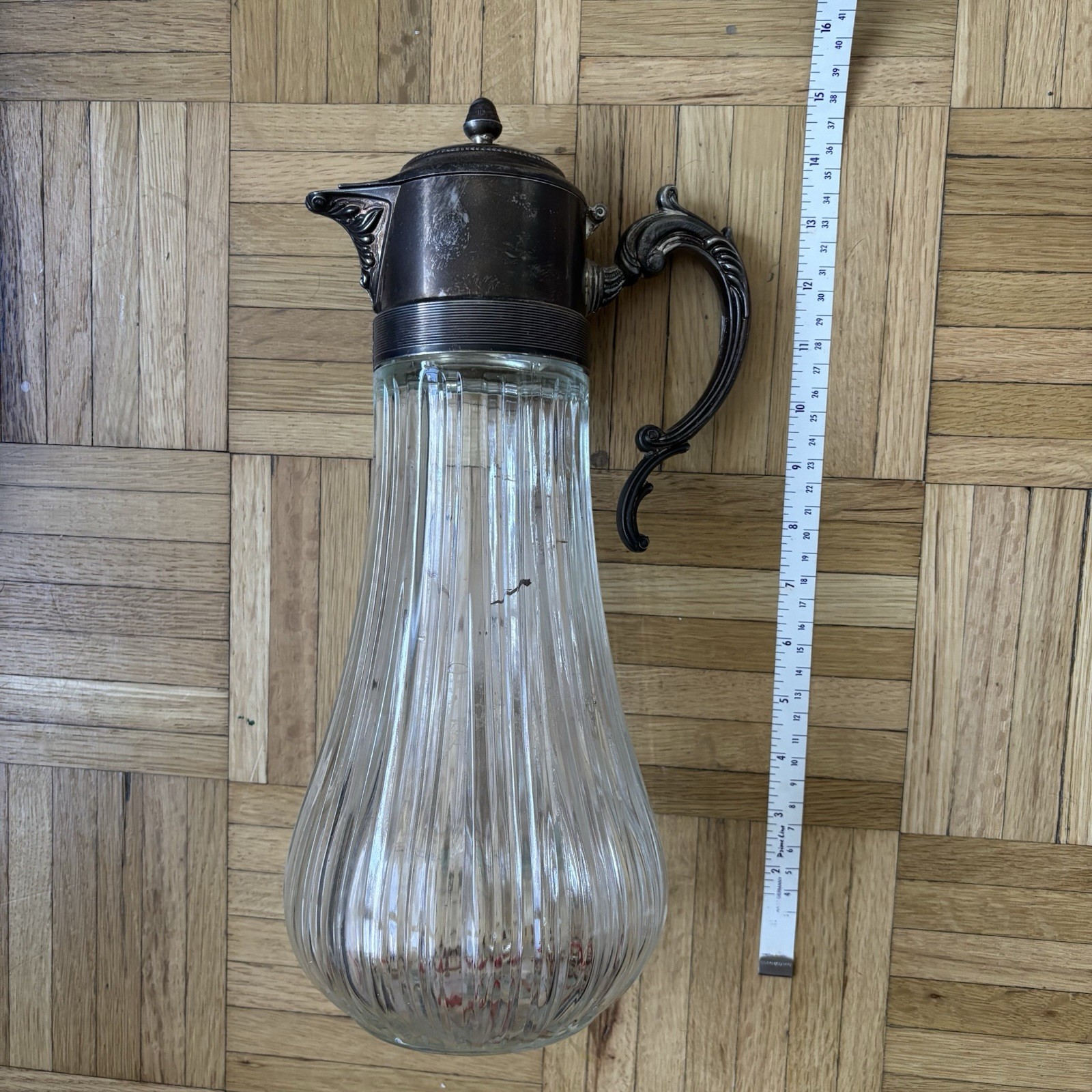 Vintage Silver Plate Crystal Glass Carafe Wine Pitcher 14.5”