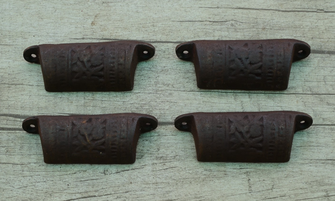 4pc Vintage Victorian cast iron cabinet drawer bin pull cup handle floral design