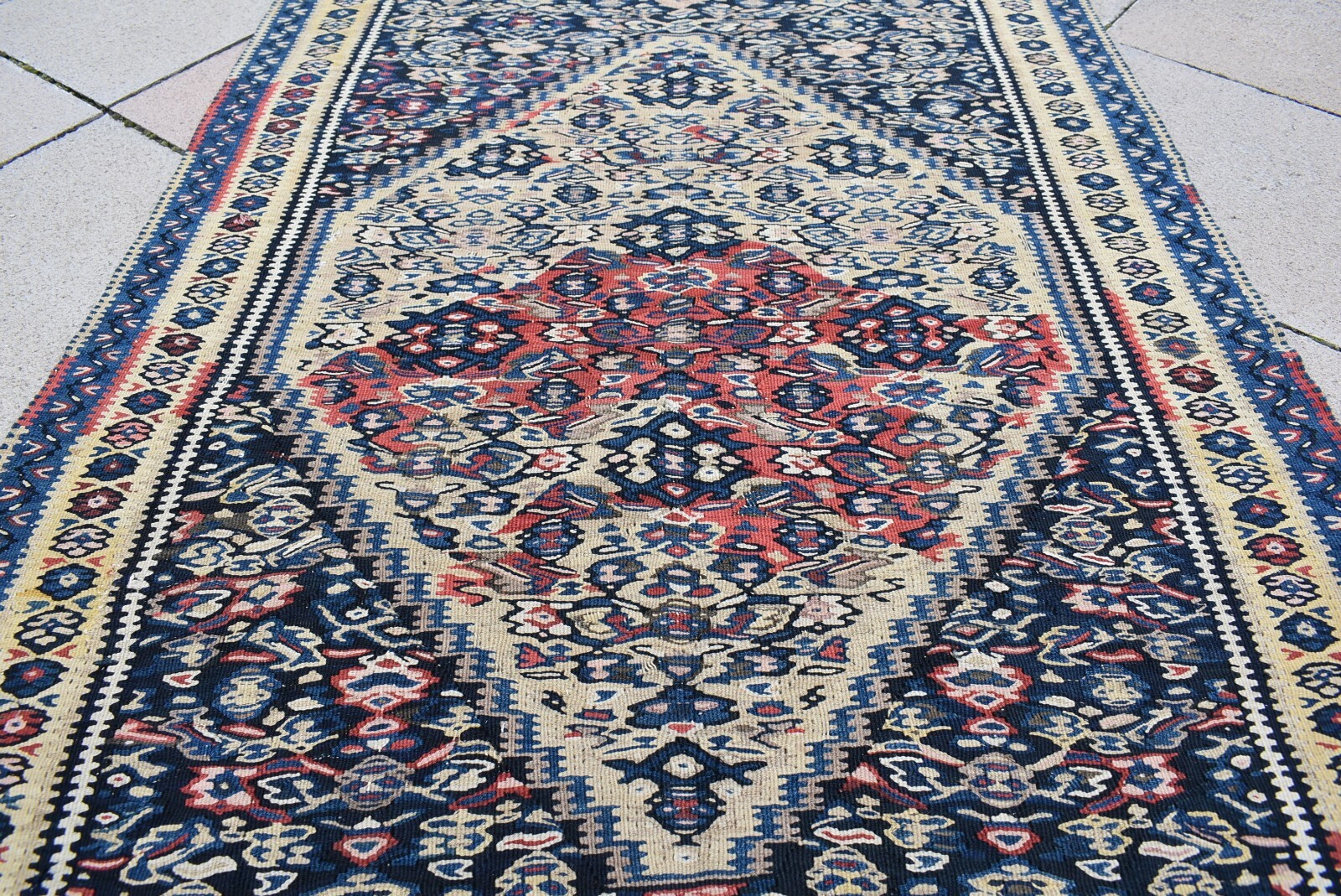 Marvelous Antique Caucasian Kilim Collector’s Piece Distressed Senneh Kilim Rug