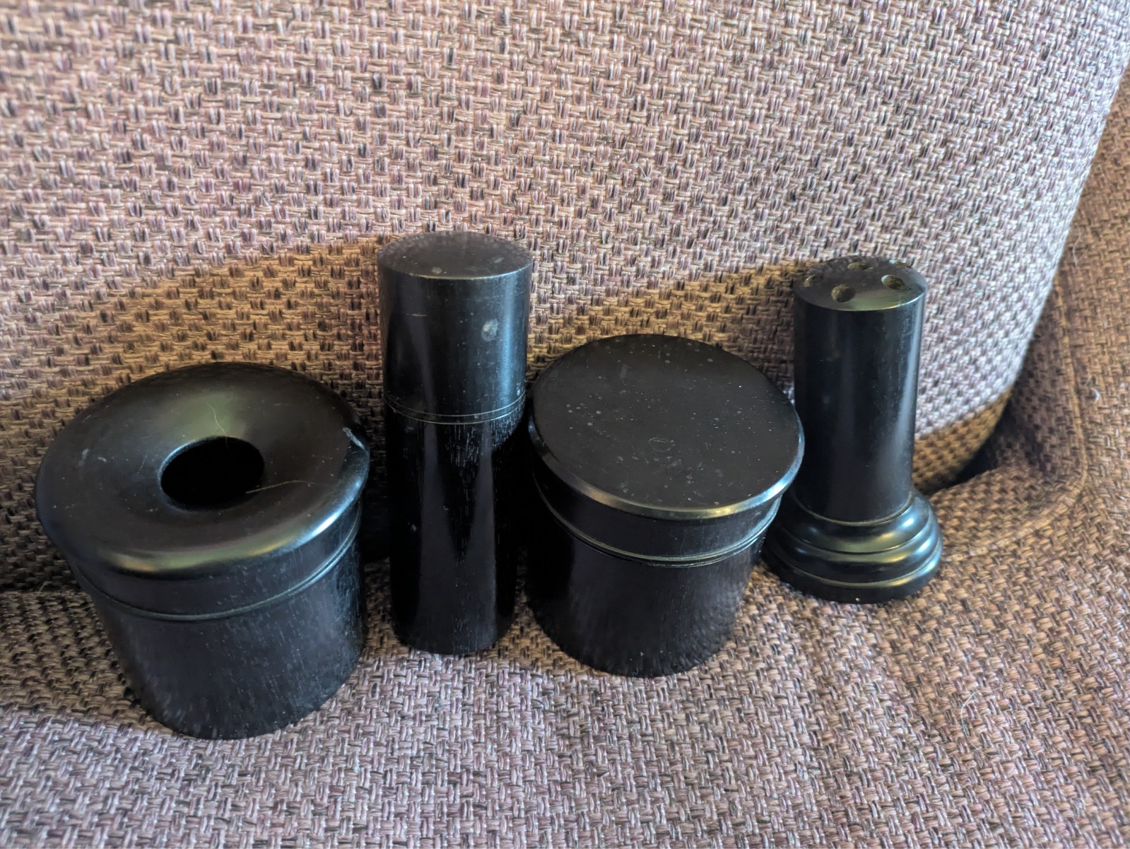 Antique Ebony Wood Set Treen Pots Hat Pin Holder Stand Vanity Dressing Table