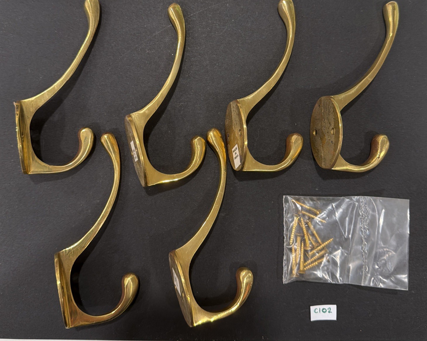 Set Of 6 VTG Old Style 4” Solid Brass Wall Coat Hooks W/ Flathead 3/4”Screws NOS