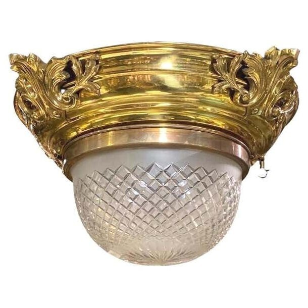 Antique Gilt Brass Cut Glass Plafonnier Flush Mount Chandelier Light