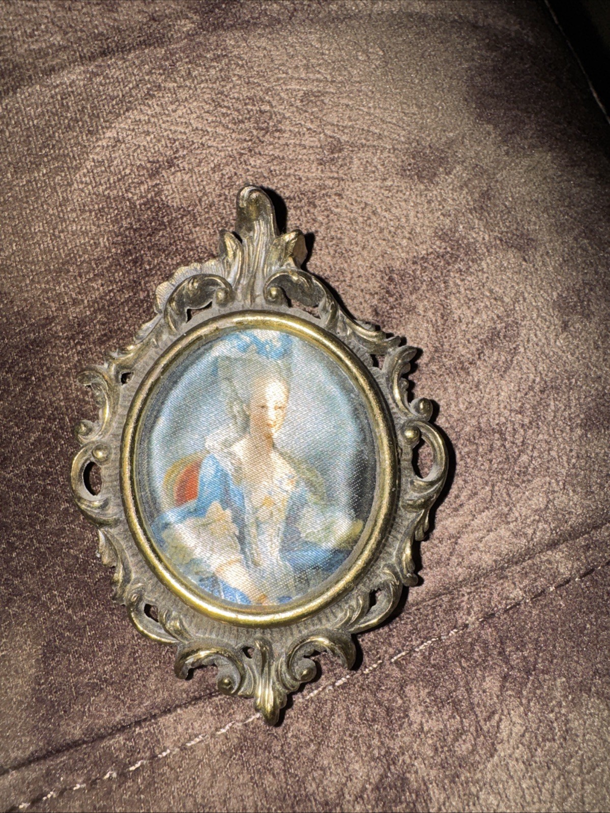 Miniature Ornate Brass Framed Portrait of a Lady, likely Marie Antoinette