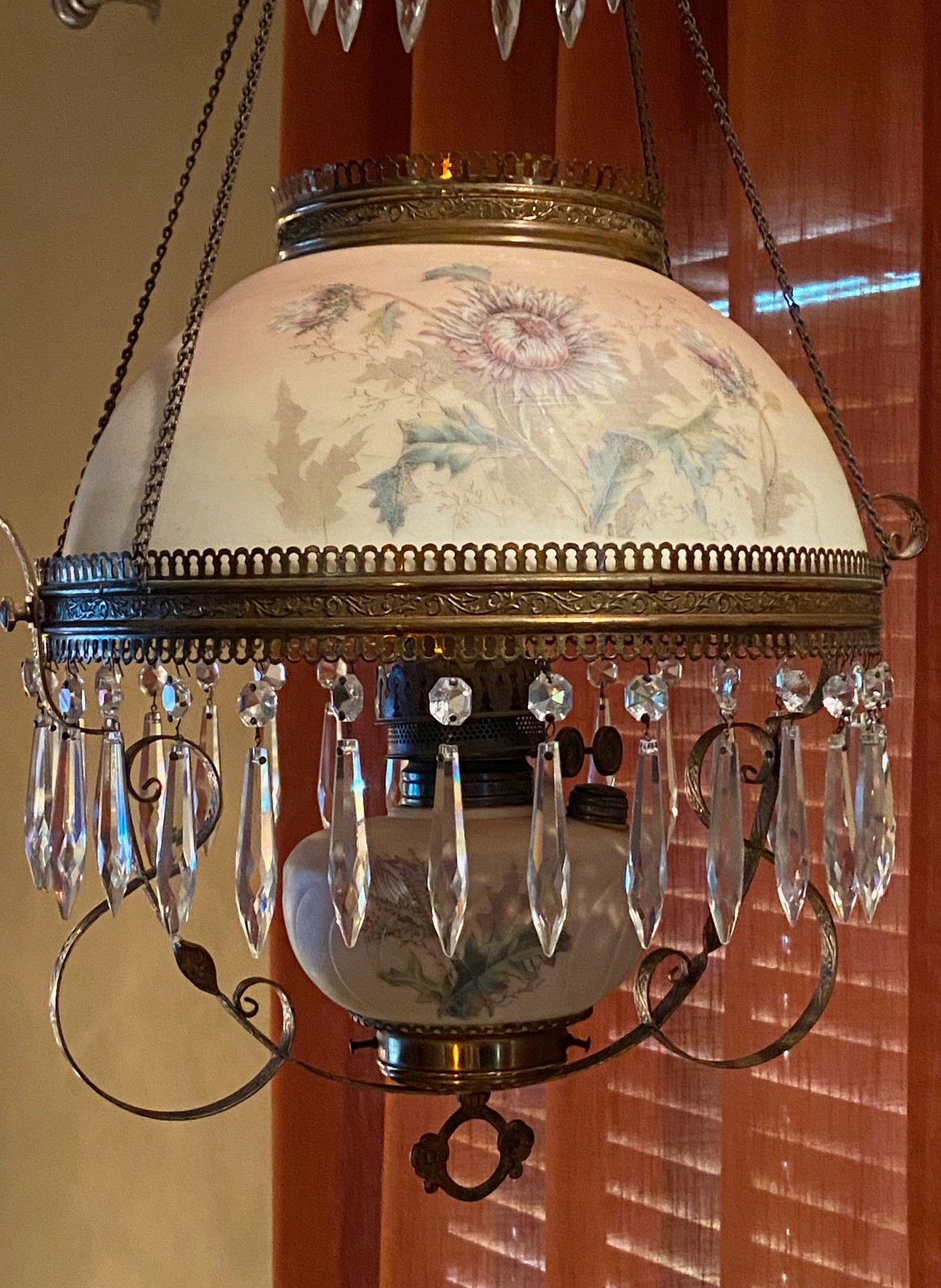 ANTIQUE VICTORIAN BRASS HANGING OIL LAMP 1890’s FLORAL SHADE, PRISMS, CHIMNEY