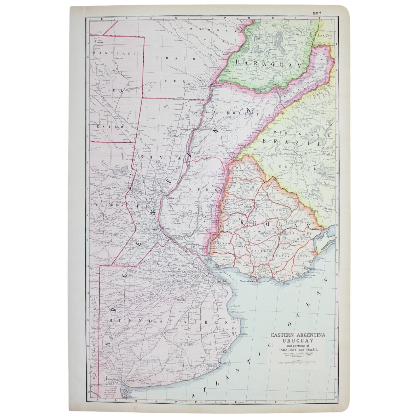 ARGENTINA URUGUAY MAP Large Antique FULL COLOR 1928 21″x14″ Brazil Paraguay