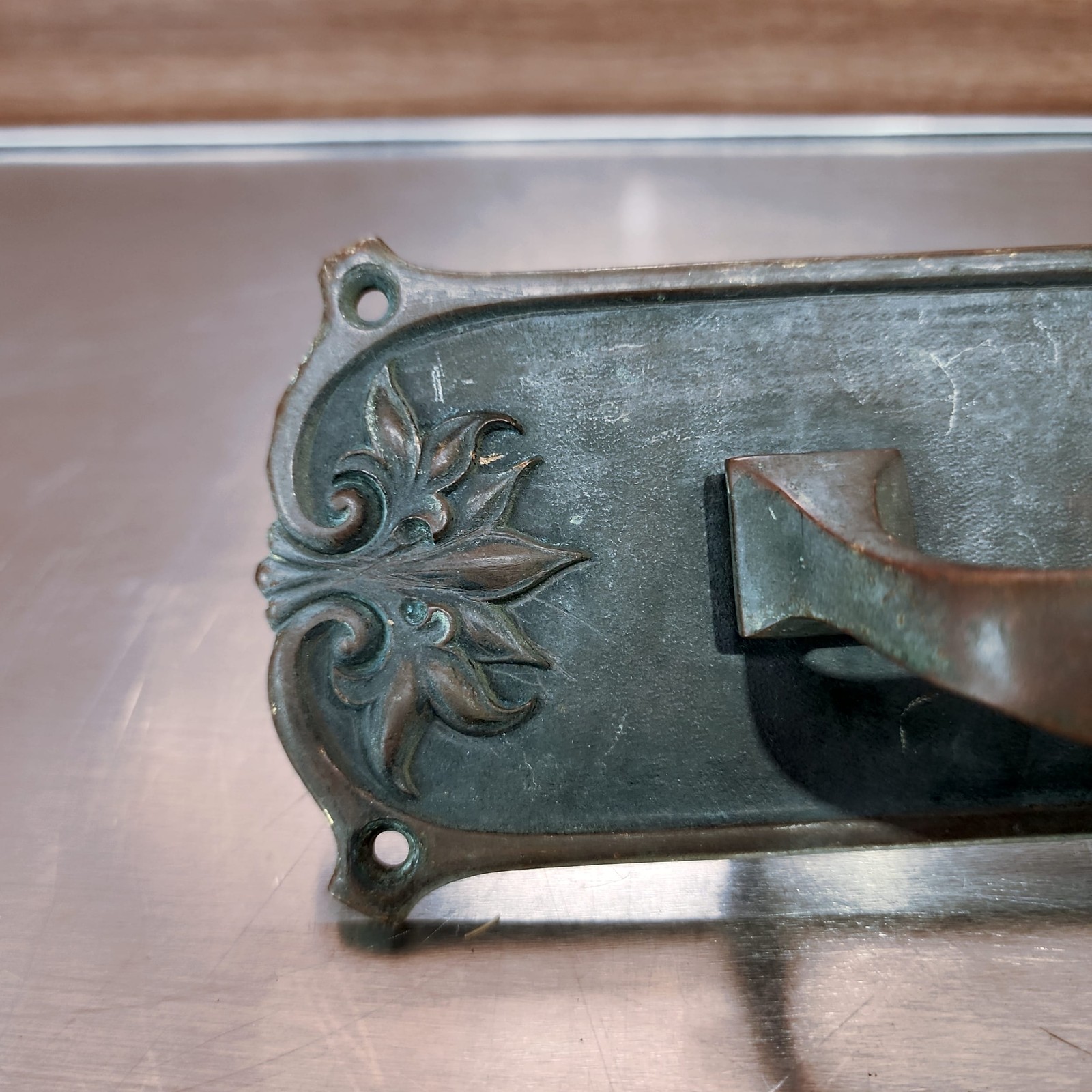 Antique Bronze Door Pull 16.25″ Right Hand Ornate Victorian Entry Backplate