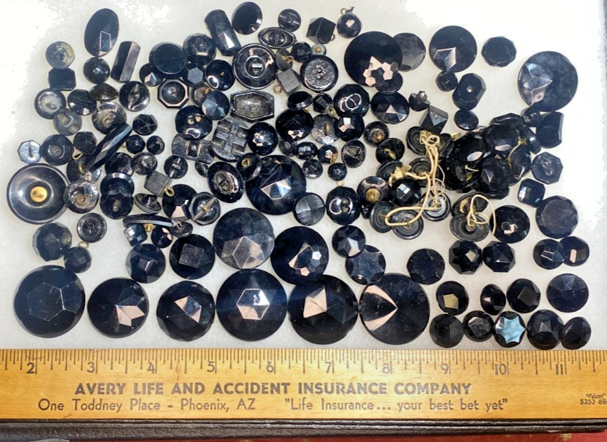 150 Antique Victorin Black Glass Buttons Faceted mixed size type style
