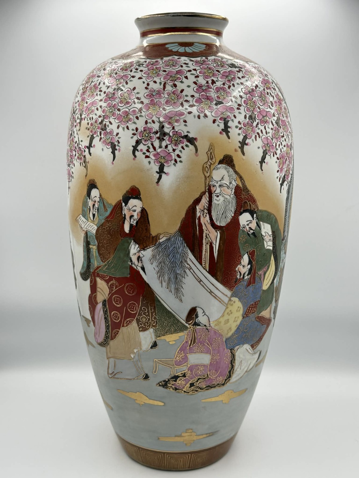 Large Japanese Satsuma Kutani Style Hand Painted Porcelain Vase 18″ Heavy 9.7 lb