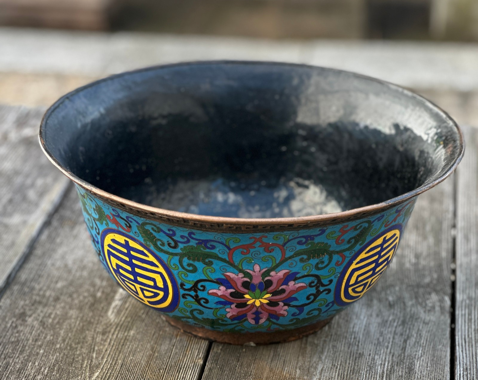 Large Vintage Chinese Cloisonne 12.75″ Basin Bowl Turquoise Shou Longevity Lotus