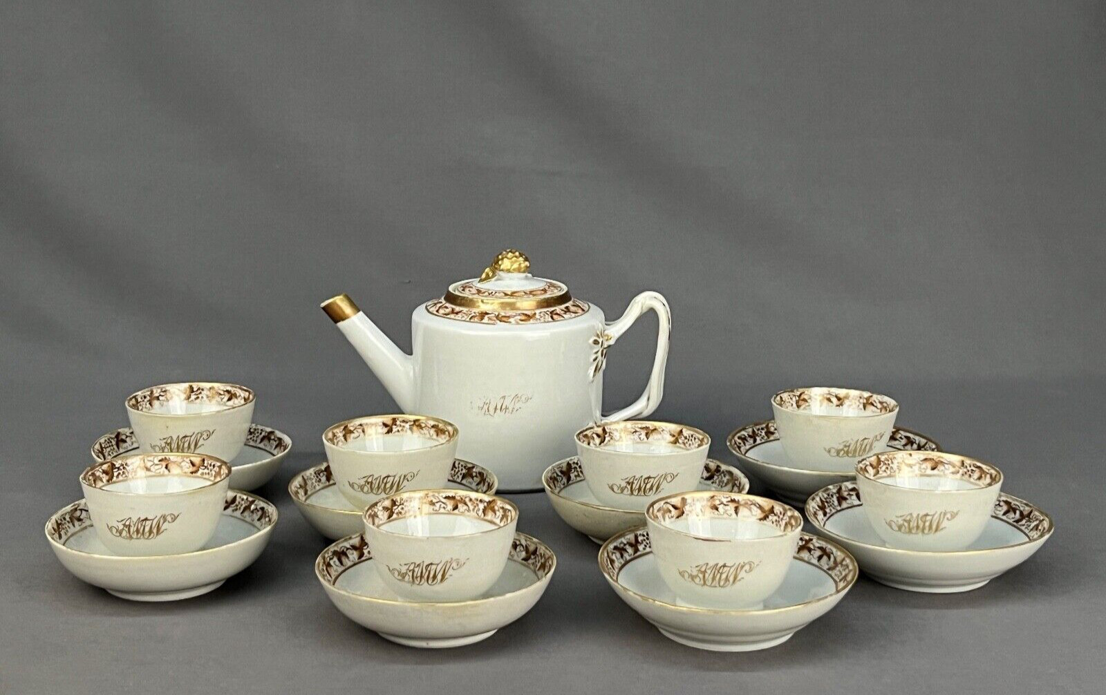 18 pc Chinese Export Porcelain Partial Tea Set Sepia Ivy w/Mono 18th Century