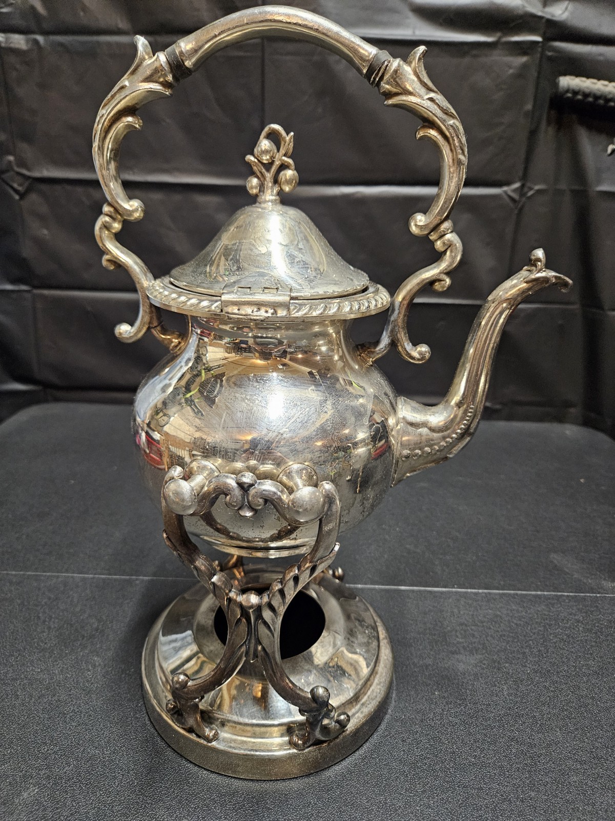 VINTAGE Birmingham Silver Co Silver on Copper Tilting Teapot on Stand w Warmer